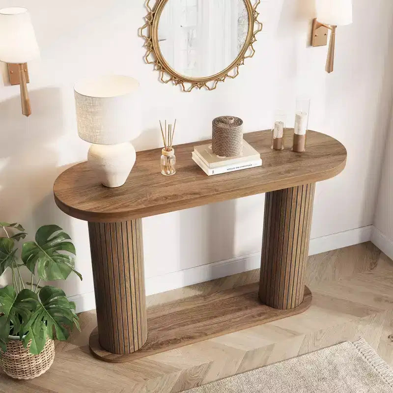 42,5" Table console en bois cannelé, Table d'appoint étroite pour canapé avec étagère de rangement derrière le canapé, Meuble de présentation moderne pour couloir et salon