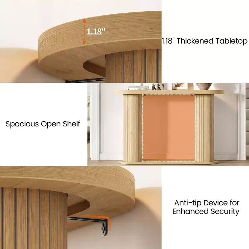 42,5" Table console en bois cannelé, Table d'appoint étroite pour canapé avec étagère de rangement derrière le canapé, Meuble de présentation moderne pour couloir et salon