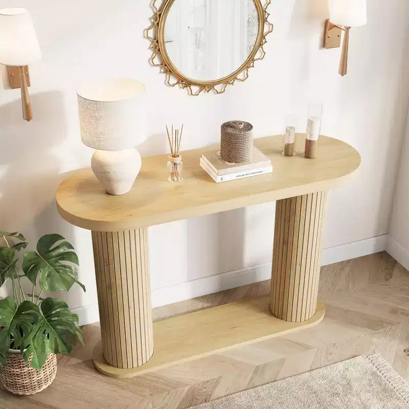 42,5" Table console en bois cannelé, Table d'appoint étroite pour canapé avec étagère de rangement derrière le canapé, Meuble de présentation moderne pour couloir et salon
