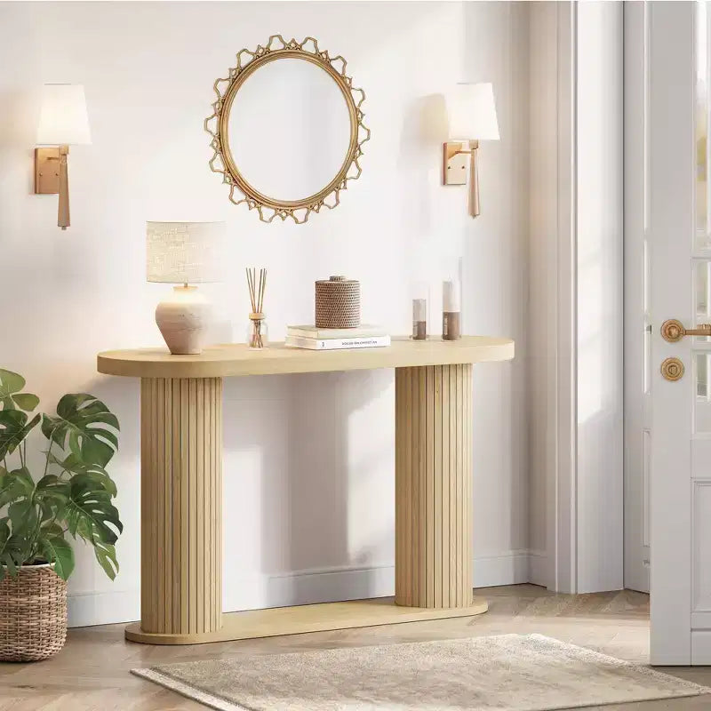 42,5" Table console en bois cannelé, Table d'appoint étroite pour canapé avec étagère de rangement derrière le canapé, Meuble de présentation moderne pour couloir et salon