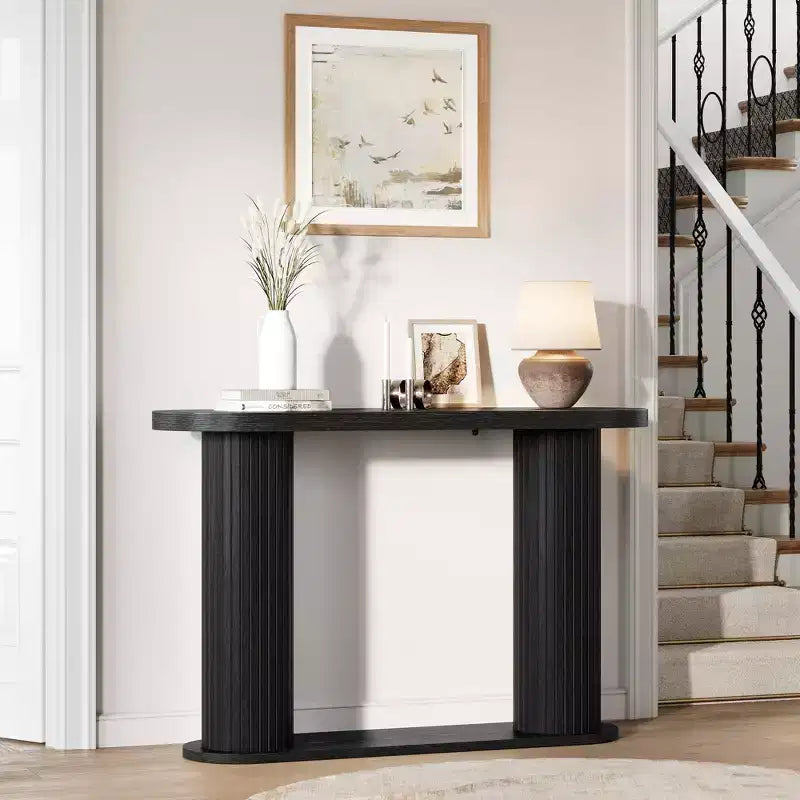 42,5" Table console en bois cannelé, Table d'appoint étroite pour canapé avec étagère de rangement derrière le canapé, Meuble de présentation moderne pour couloir et salon