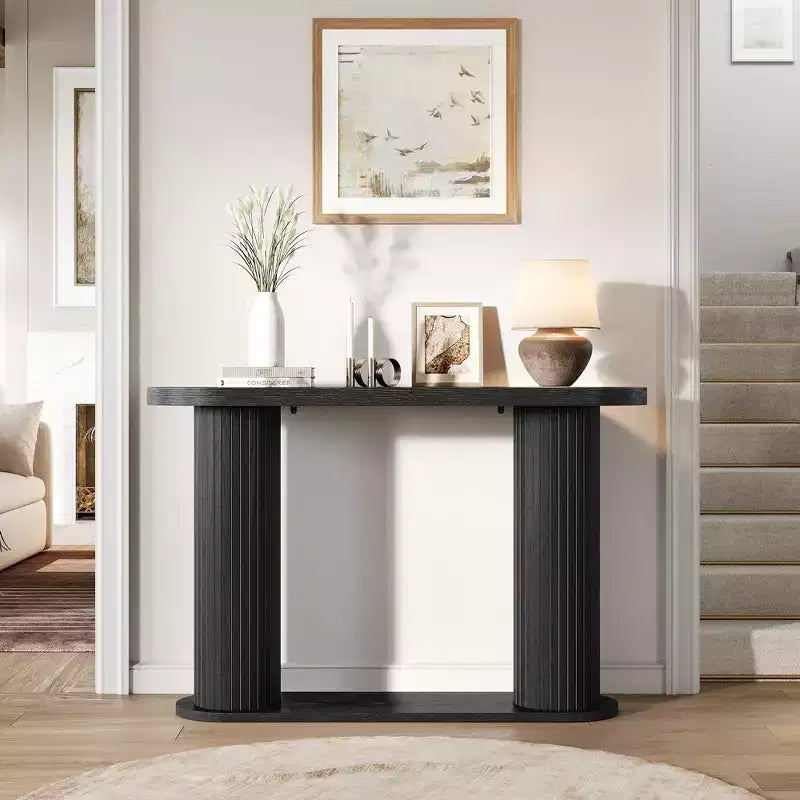 42,5" Table console en bois cannelé, Table d'appoint étroite pour canapé avec étagère de rangement derrière le canapé, Meuble de présentation moderne pour couloir et salon