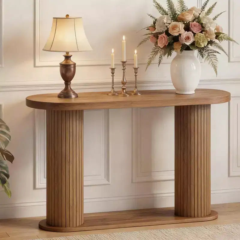 42,5" Table console en bois cannelé, Table d'appoint étroite pour canapé avec étagère de rangement derrière le canapé, Meuble de présentation moderne pour couloir et salon