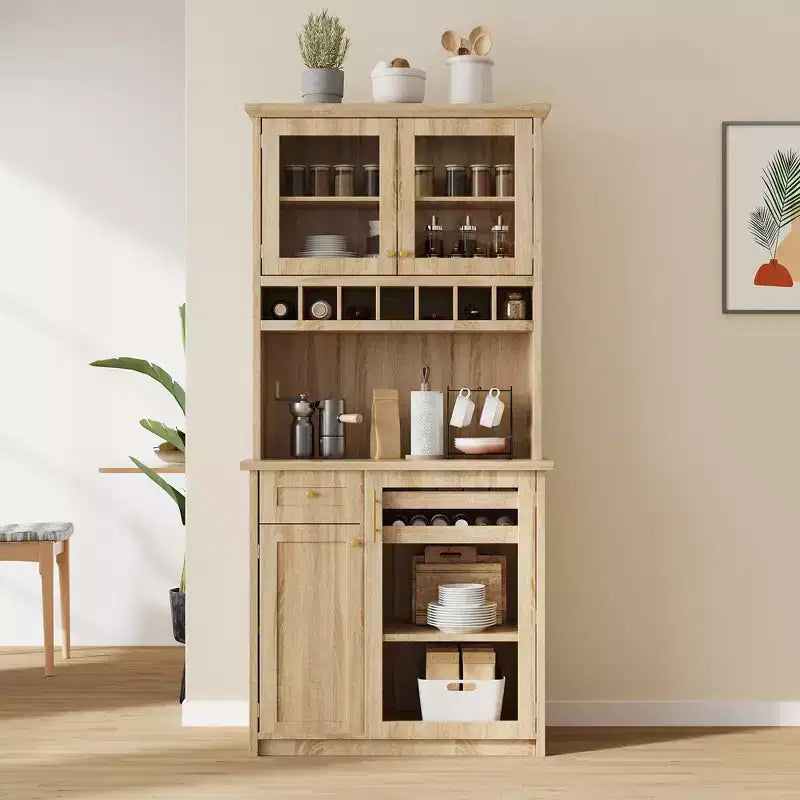 Buffet de ferme autoportant avec huche, armoire de rangement haute de cuisine avec casier à vin et étagères réglables pour salle à manger