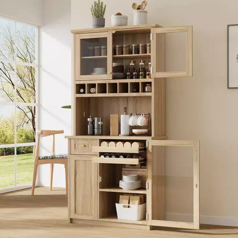 Buffet de ferme autoportant avec huche, armoire de rangement haute de cuisine avec casier à vin et étagères réglables pour salle à manger