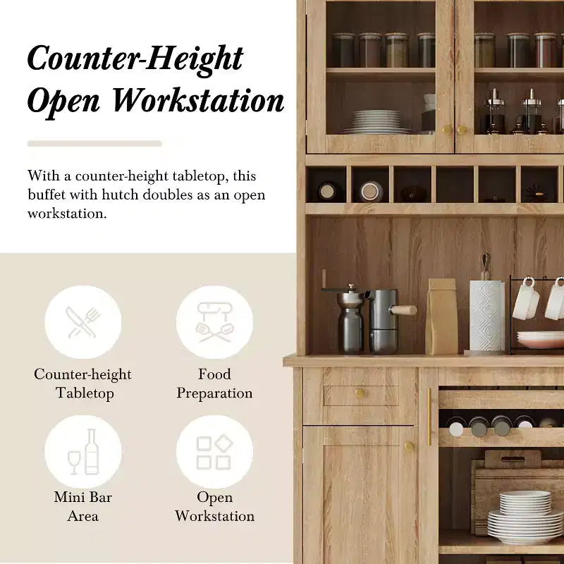 Buffet de ferme autoportant avec huche, armoire de rangement haute de cuisine avec casier à vin et étagères réglables pour salle à manger
