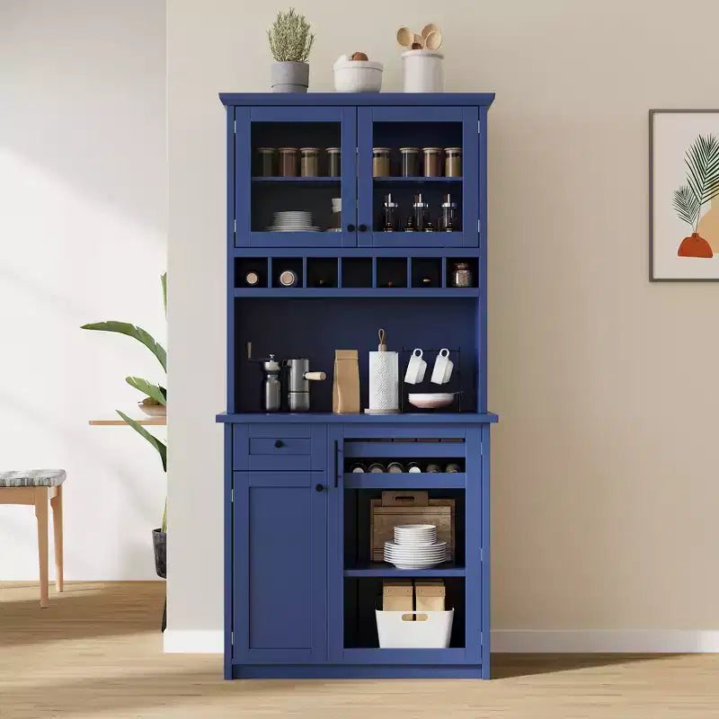 Buffet de ferme autoportant avec huche, armoire de rangement haute de cuisine avec casier à vin et étagères réglables pour salle à manger