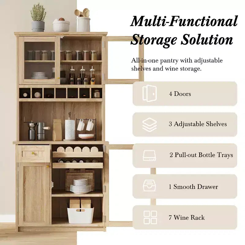 Buffet de ferme autoportant avec huche, armoire de rangement haute de cuisine avec casier à vin et étagères réglables pour salle à manger