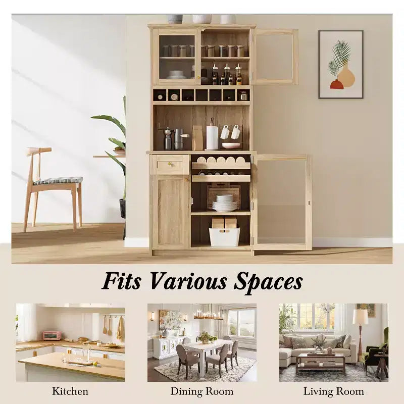 Buffet de ferme autoportant avec huche, armoire de rangement haute de cuisine avec casier à vin et étagères réglables pour salle à manger