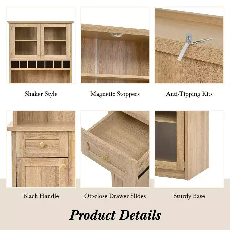 Buffet de ferme autoportant avec huche, armoire de rangement haute de cuisine avec casier à vin et étagères réglables pour salle à manger