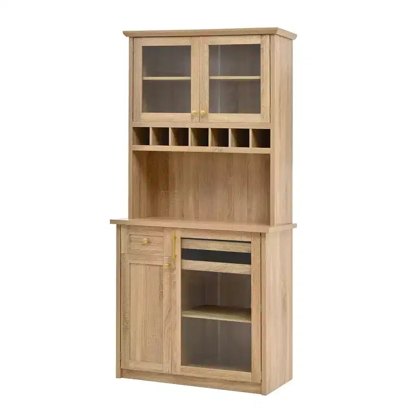 Buffet de ferme autoportant avec huche, armoire de rangement haute de cuisine avec casier à vin et étagères réglables pour salle à manger
