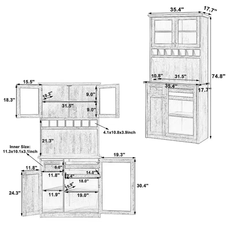 Buffet de ferme autoportant avec huche, armoire de rangement haute de cuisine avec casier à vin et étagères réglables pour salle à manger