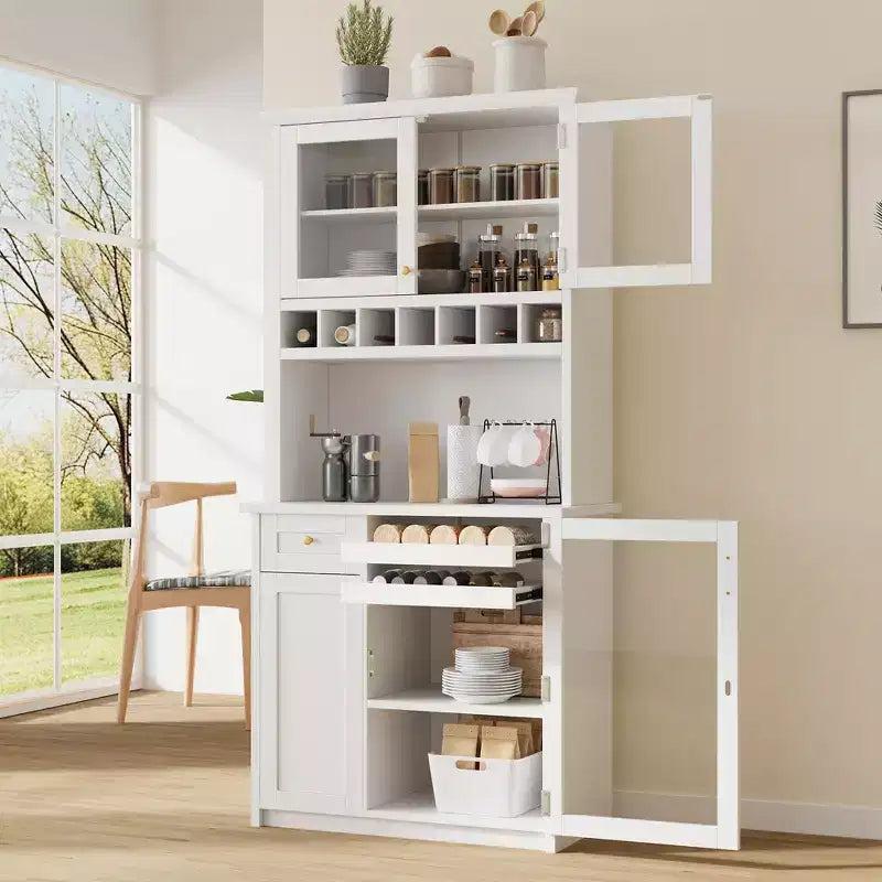 Buffet de ferme autoportant avec huche, armoire de rangement haute de cuisine avec casier à vin et étagères réglables pour salle à manger