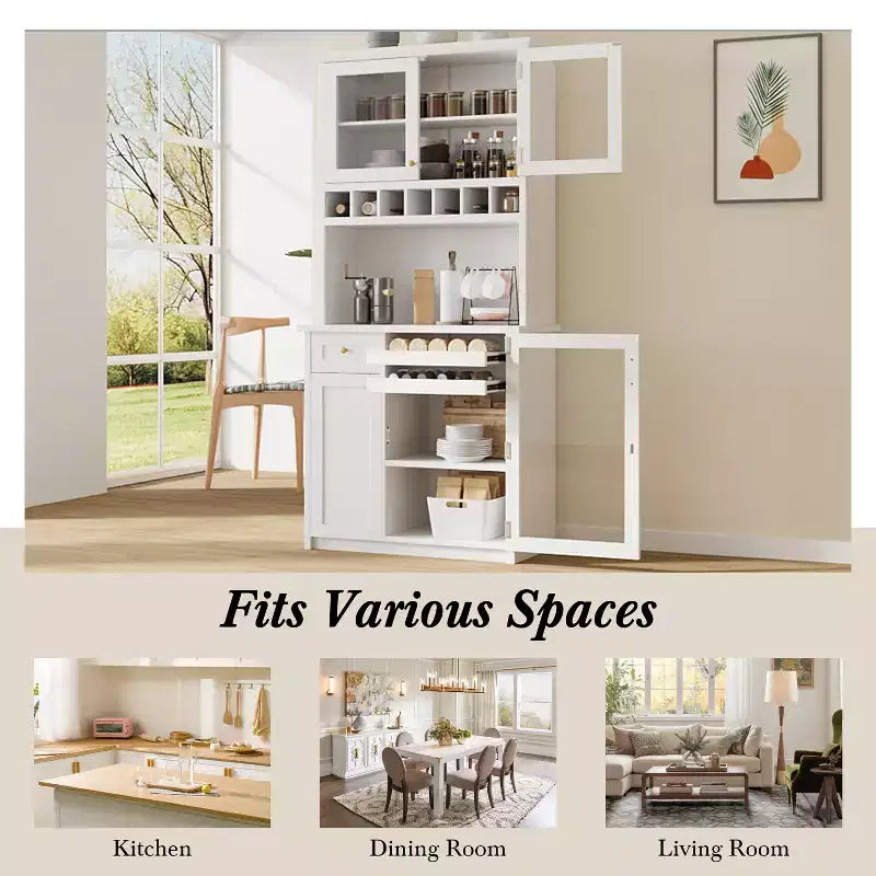 Buffet de ferme autoportant avec huche, armoire de rangement haute de cuisine avec casier à vin et étagères réglables pour salle à manger