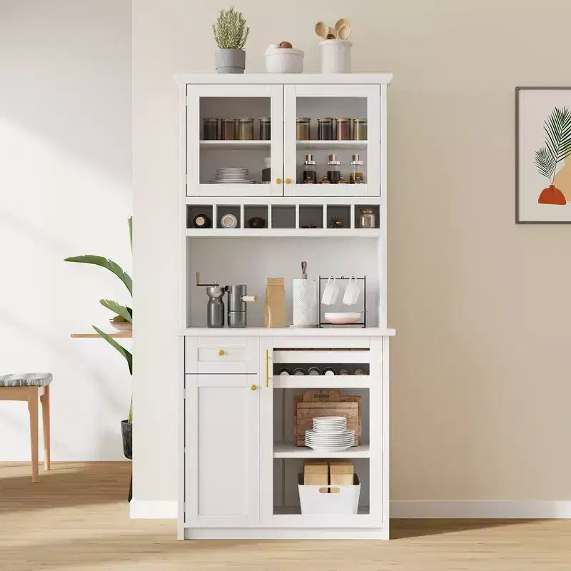 Buffet de ferme autoportant avec huche, armoire de rangement haute de cuisine avec casier à vin et étagères réglables pour salle à manger
