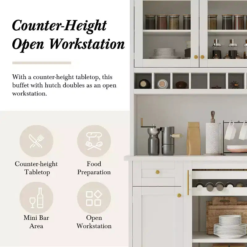 Buffet de ferme autoportant avec huche, armoire de rangement haute de cuisine avec casier à vin et étagères réglables pour salle à manger