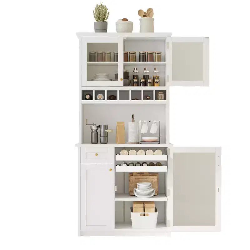 Buffet de ferme autoportant avec huche, armoire de rangement haute de cuisine avec casier à vin et étagères réglables pour salle à manger