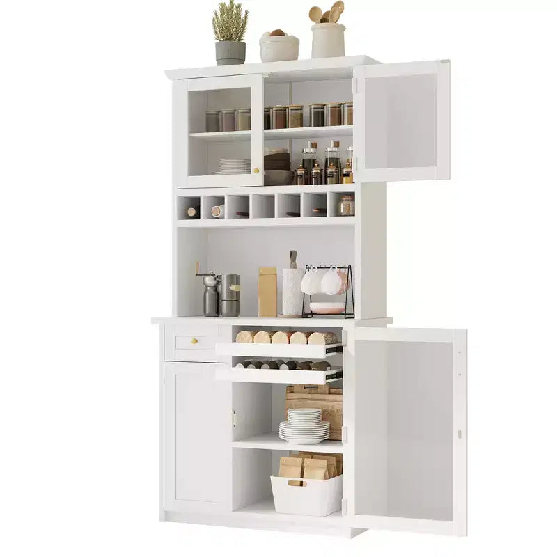 Buffet de ferme autoportant avec huche, armoire de rangement haute de cuisine avec casier à vin et étagères réglables pour salle à manger