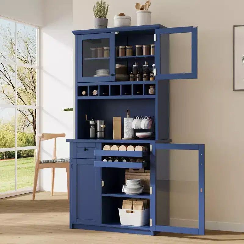 Buffet de ferme autoportant avec huche, armoire de rangement haute de cuisine avec casier à vin et étagères réglables pour salle à manger