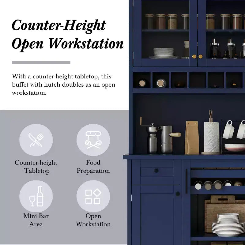 Buffet de ferme autoportant avec huche, armoire de rangement haute de cuisine avec casier à vin et étagères réglables pour salle à manger