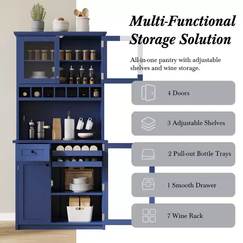 Buffet de ferme autoportant avec huche, armoire de rangement haute de cuisine avec casier à vin et étagères réglables pour salle à manger