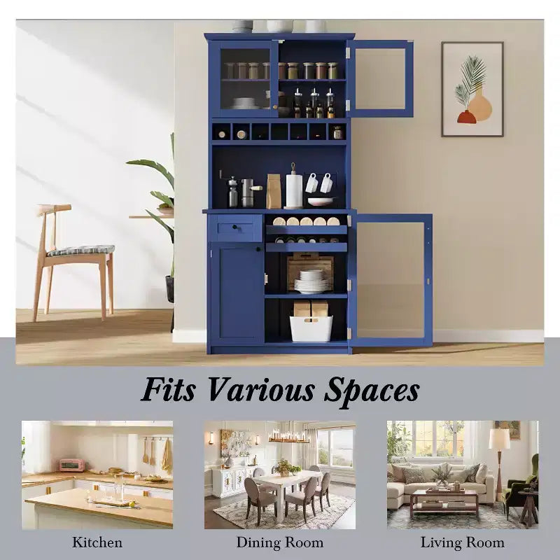 Buffet de ferme autoportant avec huche, armoire de rangement haute de cuisine avec casier à vin et étagères réglables pour salle à manger