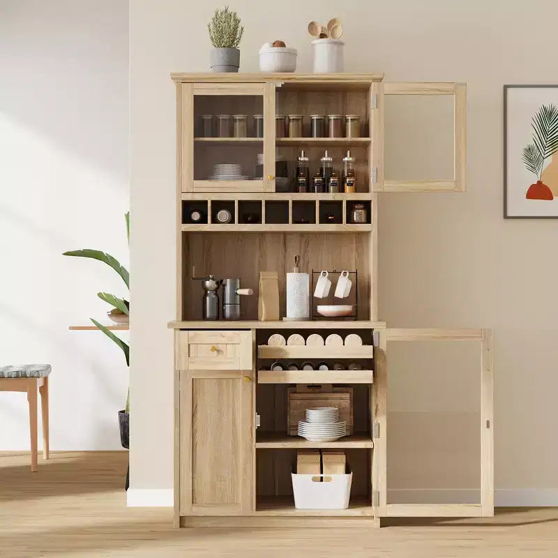Buffet de ferme autoportant avec huche, armoire de rangement haute de cuisine avec casier à vin et étagères réglables pour salle à manger