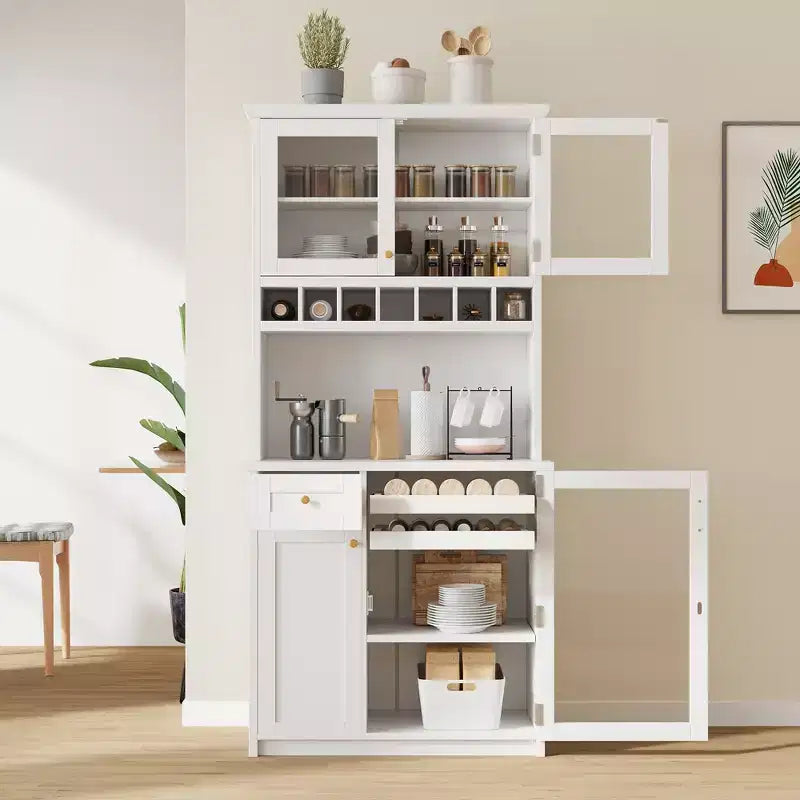 Buffet de ferme autoportant avec huche, armoire de rangement haute de cuisine avec casier à vin et étagères réglables pour salle à manger