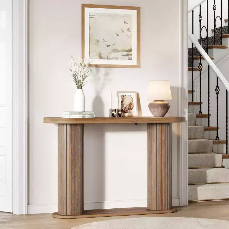 Console d'entrée ovale cannelée moderne 42.5", Table étroite avec étagère de rangement pour le salon et derrière le canapé
