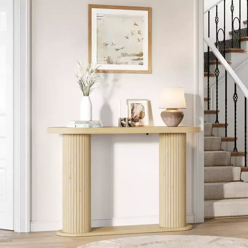 Console d'entrée ovale cannelée moderne 42.5", Table étroite avec étagère de rangement pour le salon et derrière le canapé