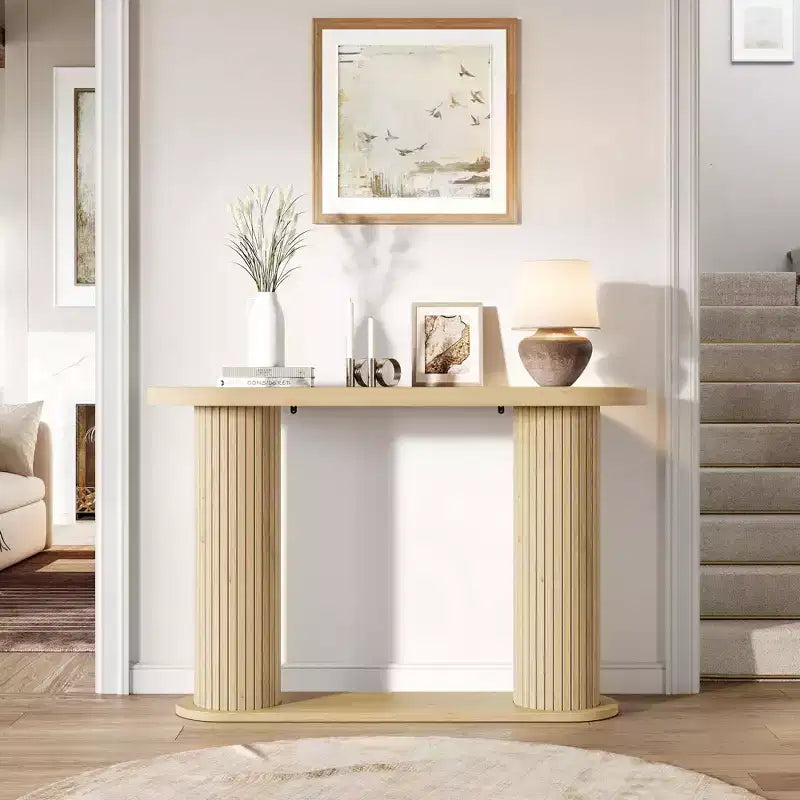 Console d'entrée ovale cannelée moderne 42.5", Table étroite avec étagère de rangement pour le salon et derrière le canapé