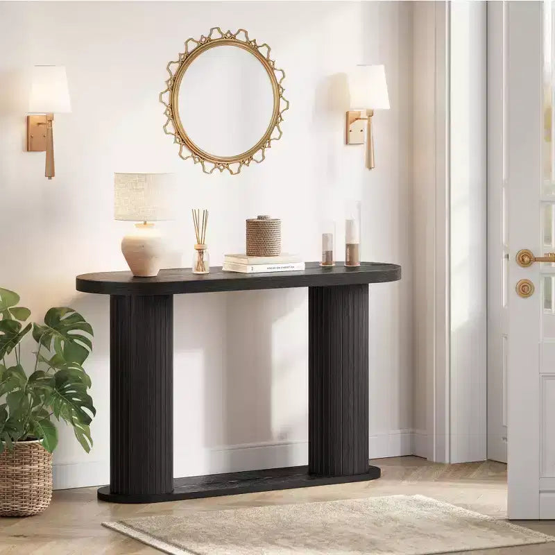 Console d'entrée ovale cannelée moderne 42.5", Table étroite avec étagère de rangement pour le salon et derrière le canapé