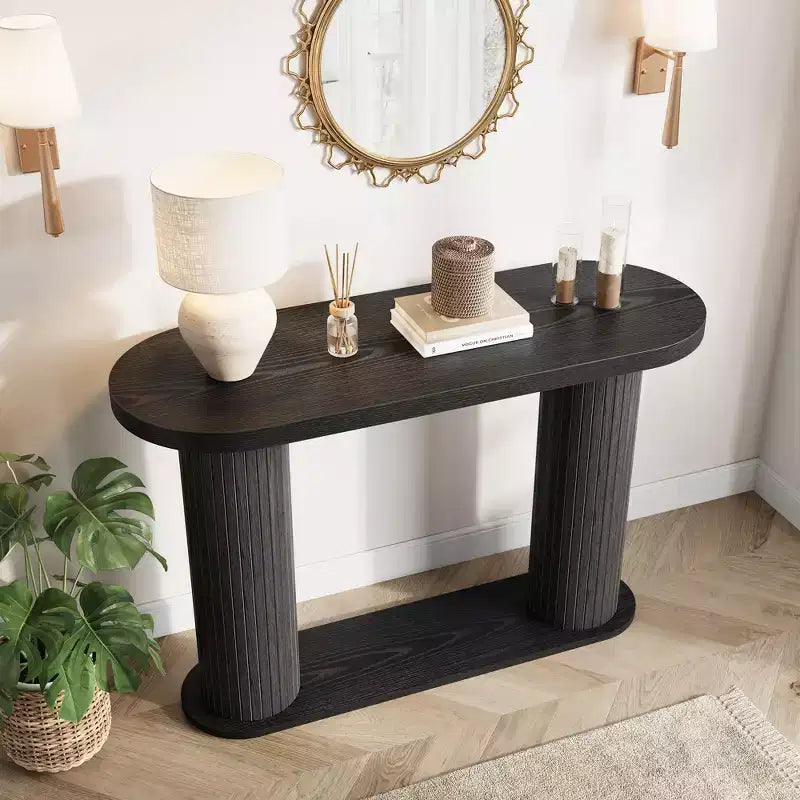 Console d'entrée ovale cannelée moderne 42.5", Table étroite avec étagère de rangement pour le salon et derrière le canapé