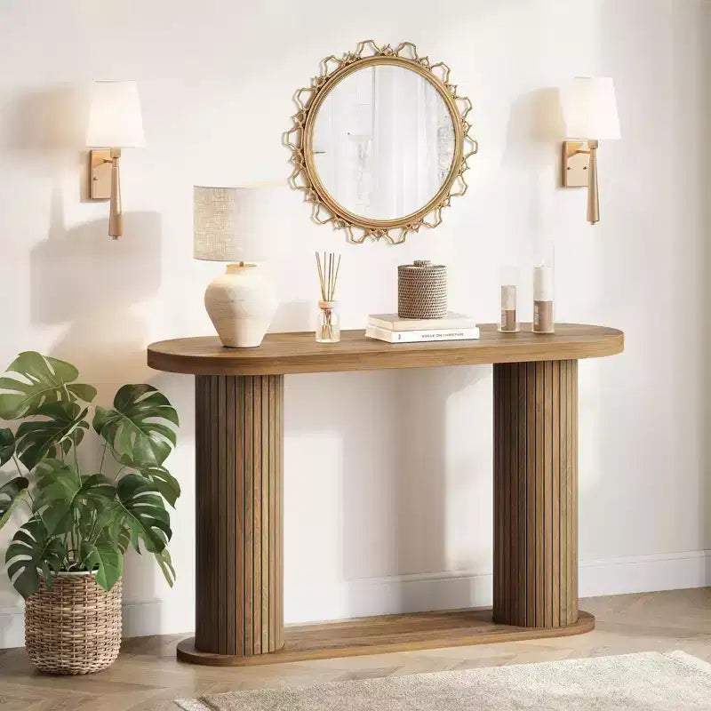 Console d'entrée ovale cannelée moderne 42.5", Table étroite avec étagère de rangement pour le salon et derrière le canapé