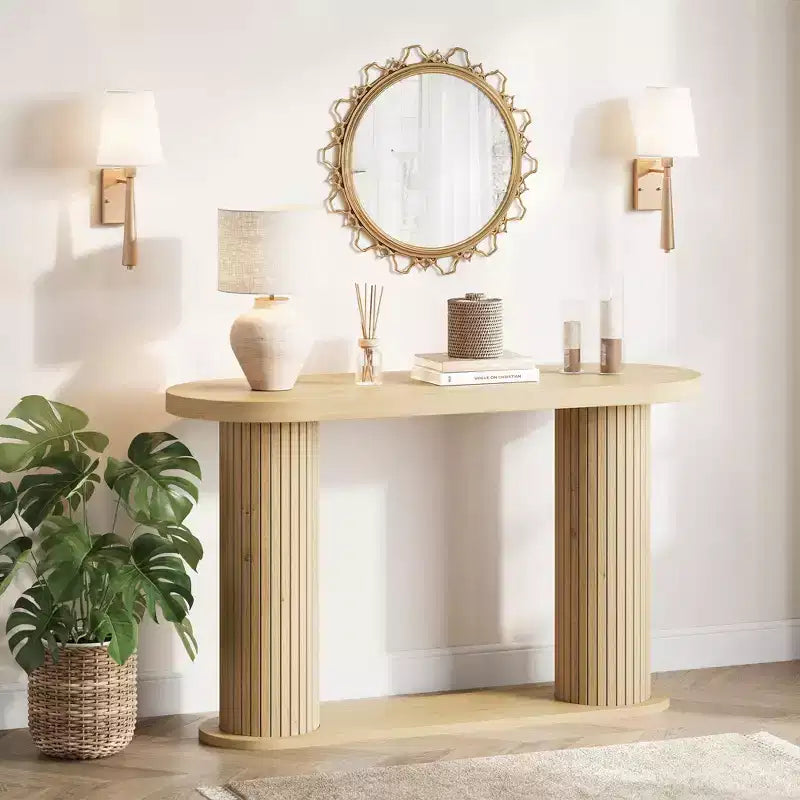 Console d'entrée ovale cannelée moderne 42.5", Table étroite avec étagère de rangement pour le salon et derrière le canapé