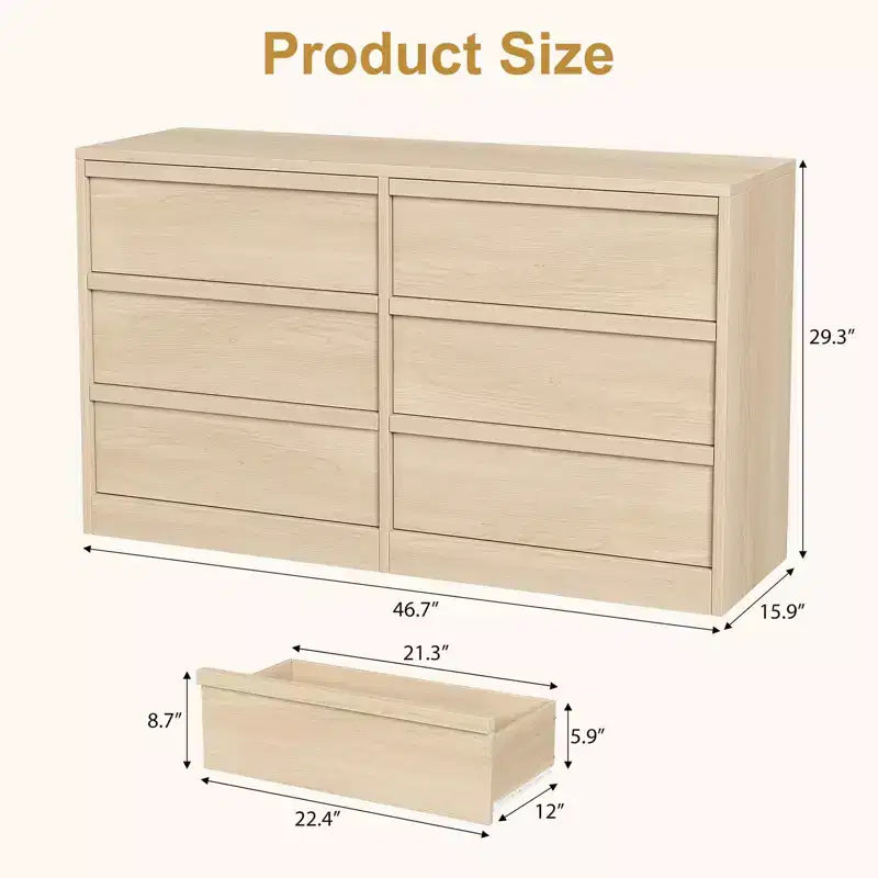 Commode de chambre à 6 tiroirs de 119 cm de large, commode en bois avec grand rangement, meuble de rangement pour salon