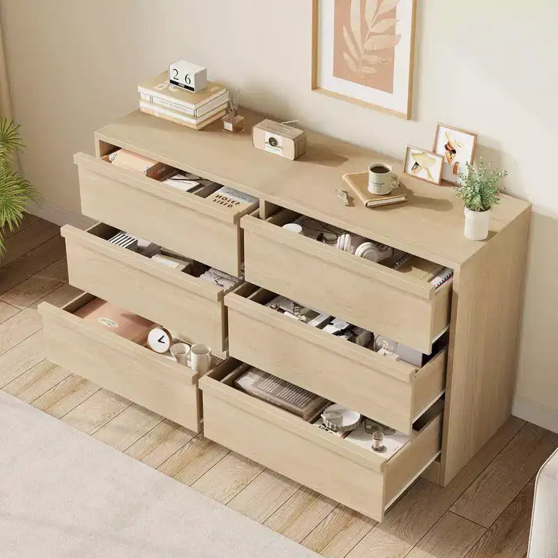 Commode de chambre à 6 tiroirs de 119 cm de large, commode en bois avec grand rangement, meuble de rangement pour salon