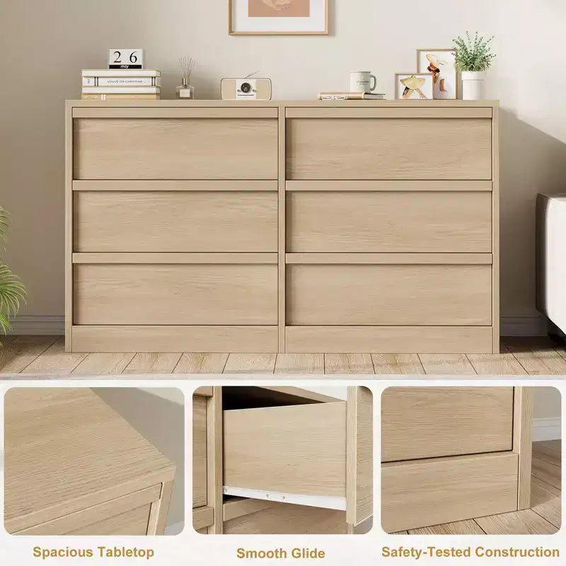 Commode de chambre à 6 tiroirs de 119 cm de large, commode en bois avec grand rangement, meuble de rangement pour salon