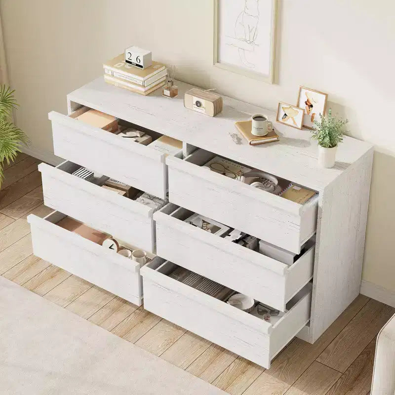 Commode de chambre à 6 tiroirs de 119 cm de large, commode en bois avec grand rangement, meuble de rangement pour salon