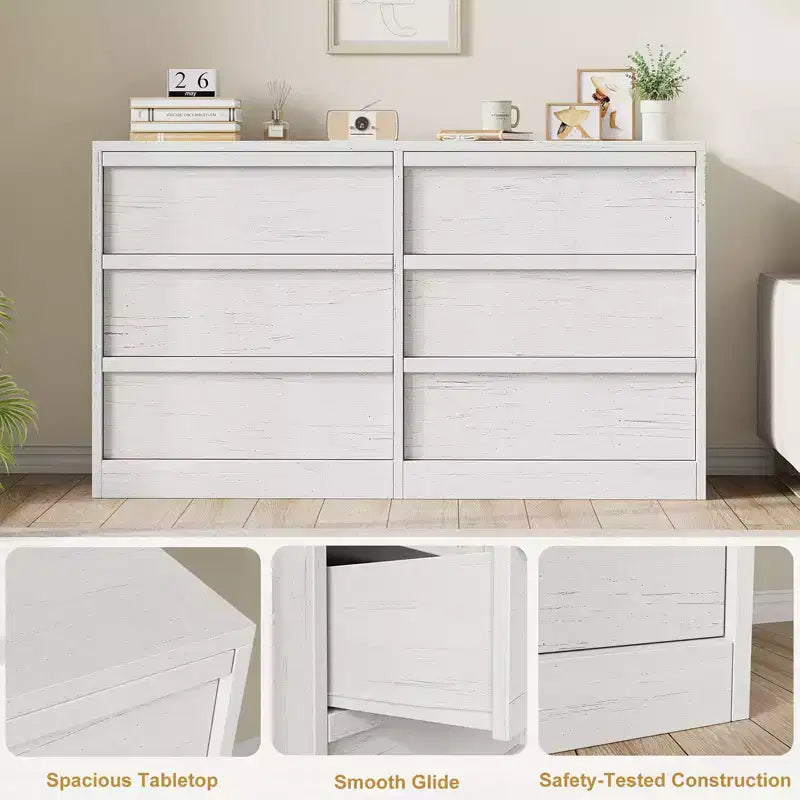 Commode de chambre à 6 tiroirs de 119 cm de large, commode en bois avec grand rangement, meuble de rangement pour salon