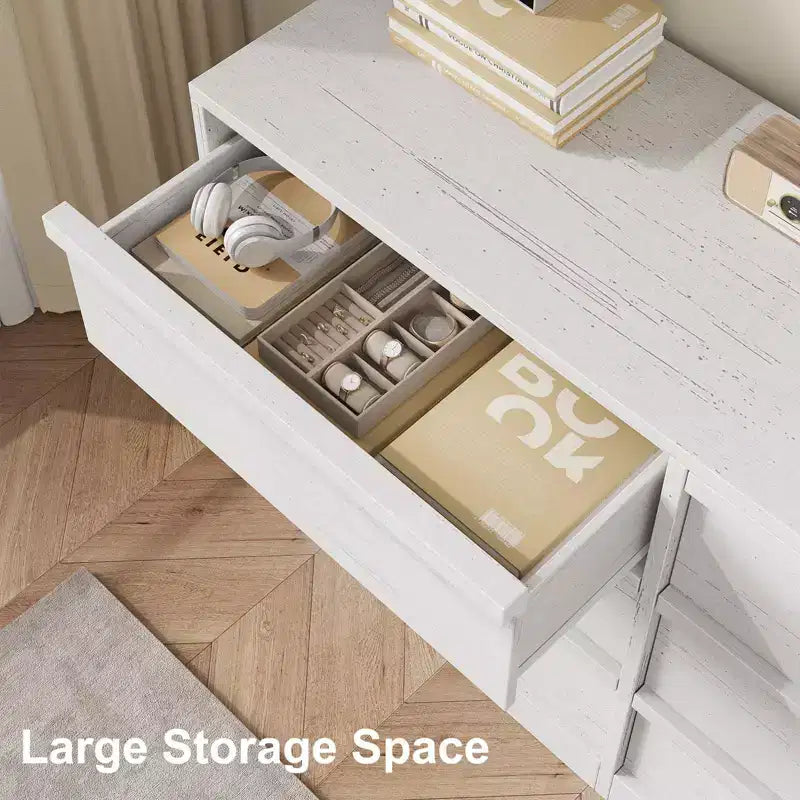 Commode de chambre à 6 tiroirs de 119 cm de large, commode en bois avec grand rangement, meuble de rangement pour salon