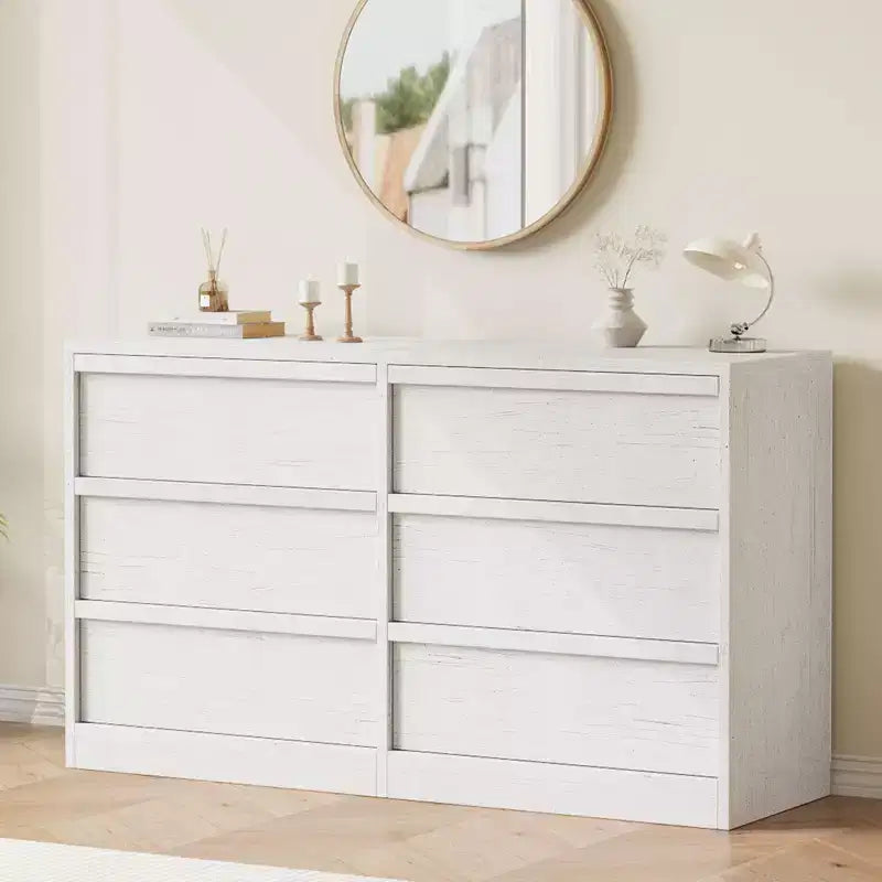 Commode de chambre à 6 tiroirs de 119 cm de large, commode en bois avec grand rangement, meuble de rangement pour salon