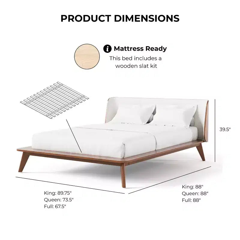 Tête de lit courbée en boucle noyer, lit plateforme profil bas, style moderne du milieu du siècle