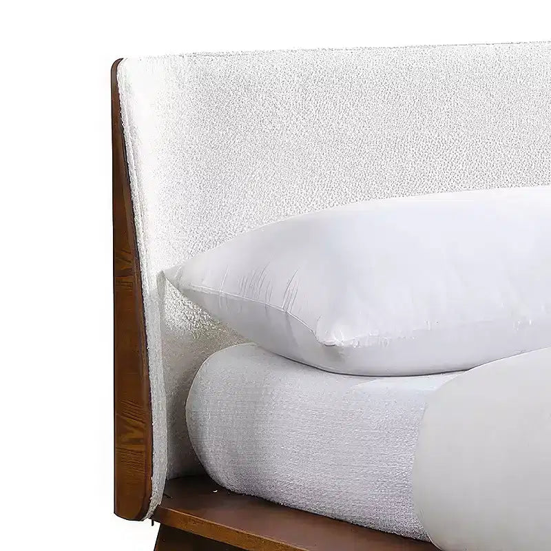 Tête de lit courbée en boucle noyer, lit plateforme profil bas, style moderne du milieu du siècle