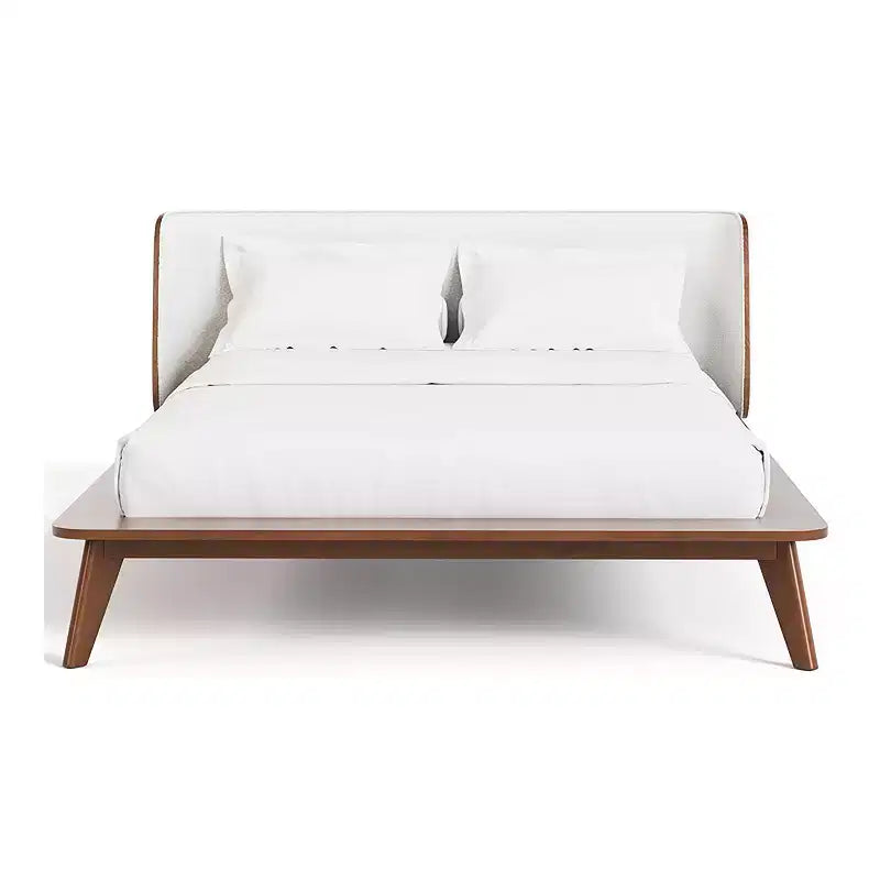 Tête de lit courbée en boucle noyer, lit plateforme profil bas, style moderne du milieu du siècle
