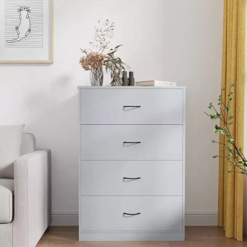 Commode de chambre 4 tiroirs moderne avec cadre en acier, meuble de rangement en MDF gris