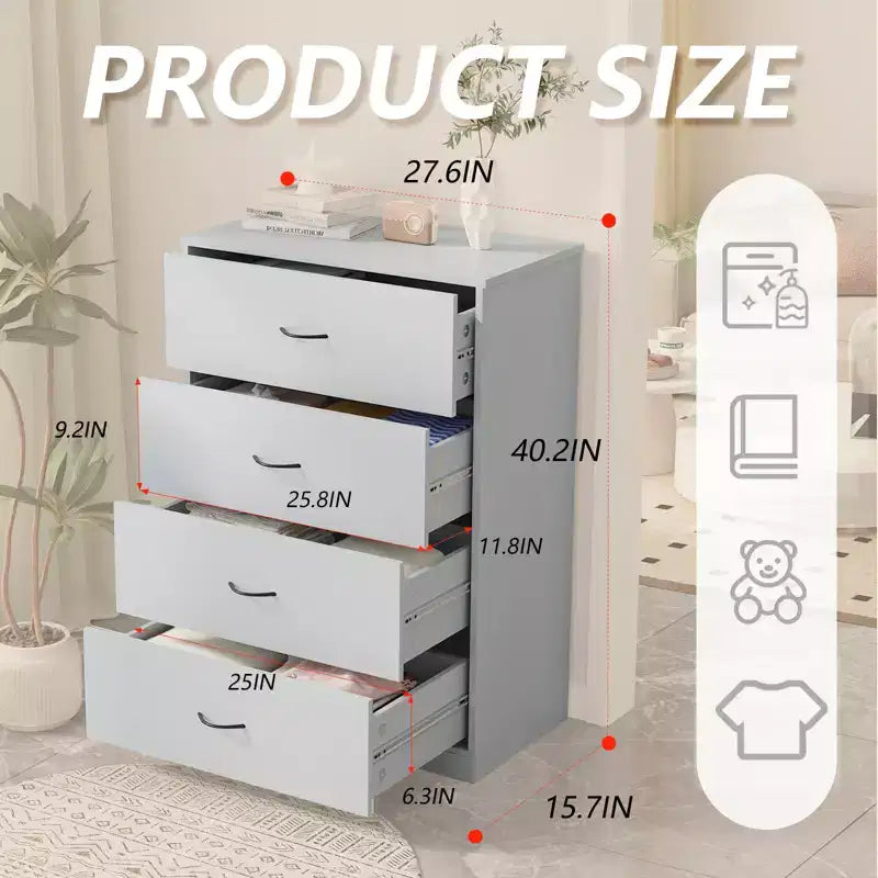 Commode de chambre 4 tiroirs moderne avec cadre en acier, meuble de rangement en MDF gris