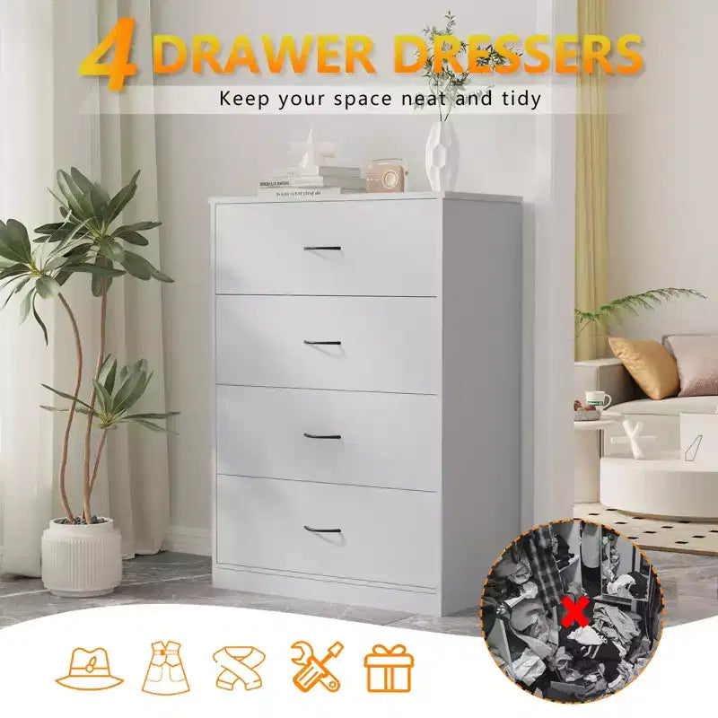 Commode de chambre 4 tiroirs moderne avec cadre en acier, meuble de rangement en MDF gris