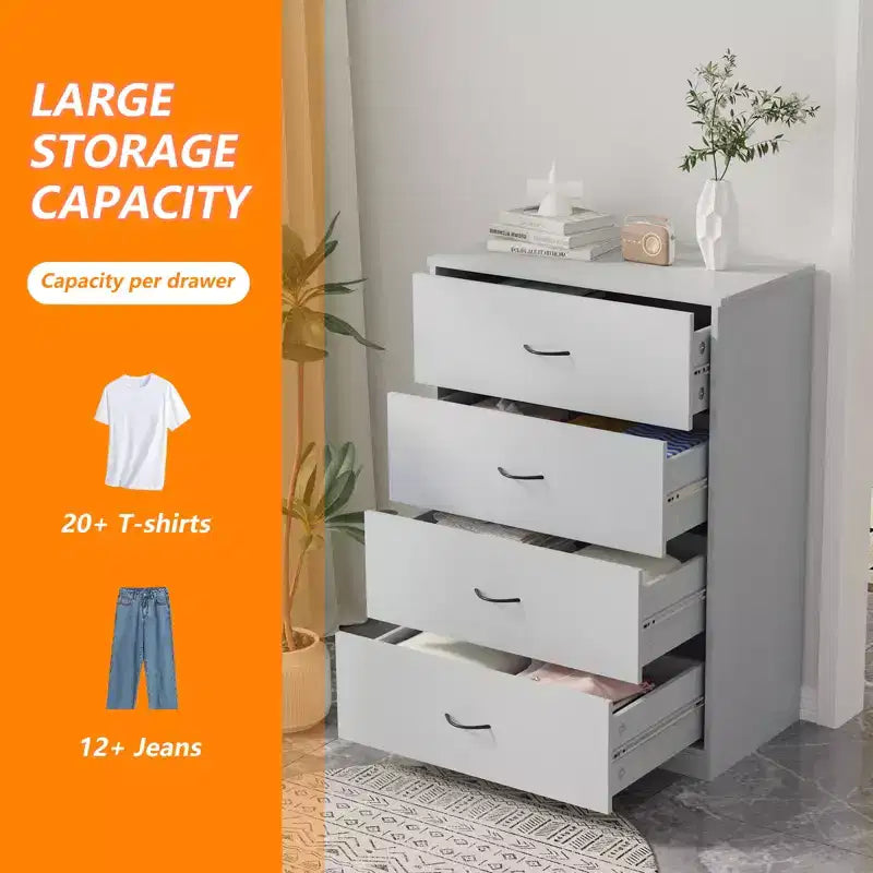Commode de chambre 4 tiroirs moderne avec cadre en acier, meuble de rangement en MDF gris
