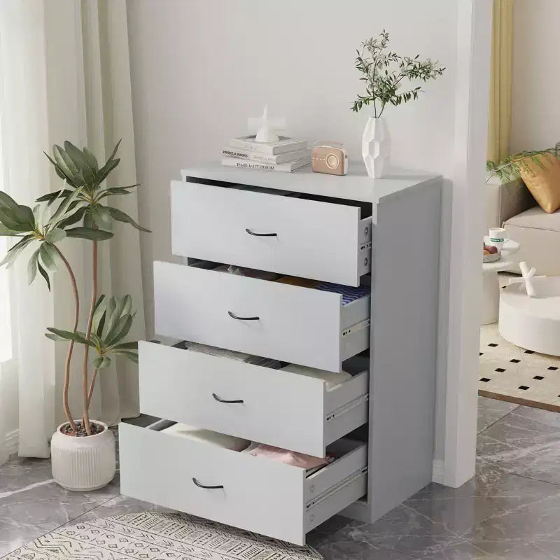 Commode de chambre 4 tiroirs moderne avec cadre en acier, meuble de rangement en MDF gris